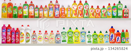 Yerevan Armenia 12.5.2025. A shelf full of many different colored bottles of dish soap Yerevan Armenia 12.5.2025. A shelf full of many different colored bottles of dish soap 134265824