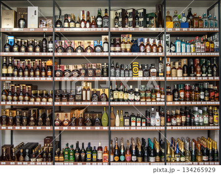 Yerevan Armenia 12.5.2025. A liquor store with many bottles on the shelves Yerevan Armenia 12.5.2025. A liquor store with many bottles on the shelves 134265929