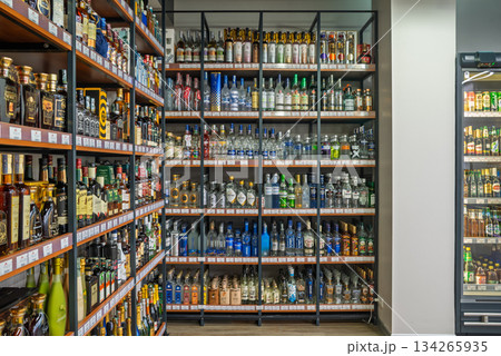 Yerevan Armenia 12.5.2025. A liquor store with a large selection of alcohol 134265935