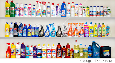 Yerevan Armenia 12.5.2025. A shelf full of various cleaning products, including dish soap Yerevan Armenia 12.5.2025. A shelf full of various cleaning products, including dish soap 134265948