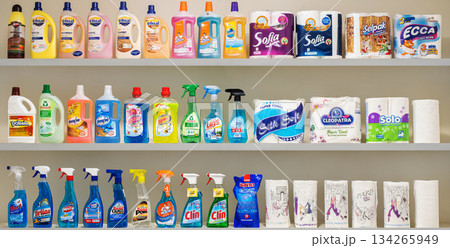 Yerevan Armenia 12.5.2025. A shelf full of cleaning supplies including a variety of soaps and paper towels Yerevan Armenia 12.5.2025. A shelf full of cleaning supplies including a variety of soaps and paper towels 134265949