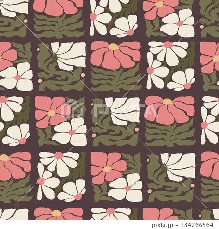 Floral Seamless Pattern. Groovy Flower Folk. Organic Plants Ornament on brown Background in trendy naive retro hippie 60s 70s. Abstract Contemporary Aesthetic. Vector Illustration. Not AI 134266564