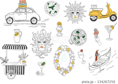 Mediterranean Italian lifestyle elements set in hand drawn line art style 134267258