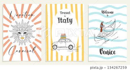 Venice carnival and Italian travel scenes in Mediterranean vintage illustration style 134267259