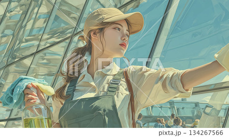 建物の窓ガラスを丁寧に清掃する女性スタッフのプロフェッショナルな仕事シーン 134267566