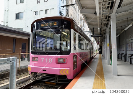 阪堺電車恵美須町駅に路面電車の車両が停車している風景 大阪市浪速区 阪堺電車恵美須町駅に路面電車の車両が停車している風景 大阪市浪速区 134268023