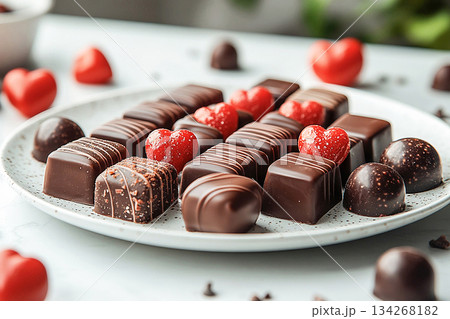Concept related to luxury, indulgence and celebrations. White plate featuring a variety of gourmet chocolates. Valentine's Day or an anniversary, emphasizing indulgence and luxury. Concept related to luxury, indulgence and celebrations. White plate featuring a variety of gourmet chocolates. Valentine's Day or an anniversary, emphasizing indulgence and luxury. 134268182