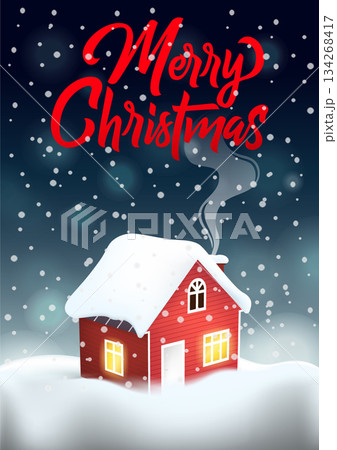 Vertical Christmas greeting card with handwritten Merry Christmas. Cute red snowy house with glowing windows, gentle falling snow and warm cozy winter atmosphere. Festive vector illustration for 134268417