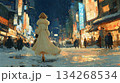 雪が降る夜の繁華街を白いファーコートを着て歩く女性の後ろ姿 134268534
