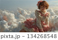 ふわふわした雲の中でこちらを見つめるフリルの衣装を着た若い女性 134268548