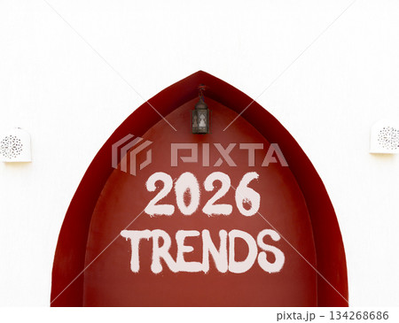 2026 Trends new year symbol. Concept words 2026 Trends on beautiful white and red wall. Beautiful white and red wall background. Business and 2026 Trends new year concept. Copy space. 134268686