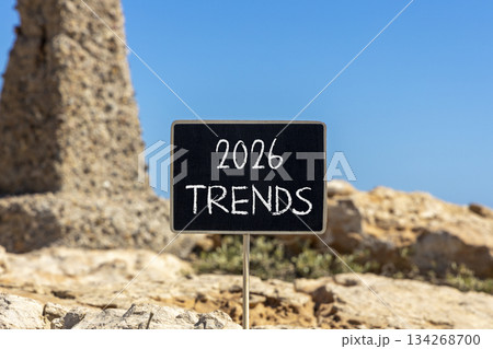 2026 Trends new year symbol. Concept words 2026 Trends on beautiful black blackboard. Beautiful stone and blue sky background. Business and 2026 Trends new year concept. Copy space. 2026 Trends new year symbol. Concept words 2026 Trends on beautiful black blackboard. Beautiful stone and blue sky background. Business and 2026 Trends new year concept. Copy space. 134268700