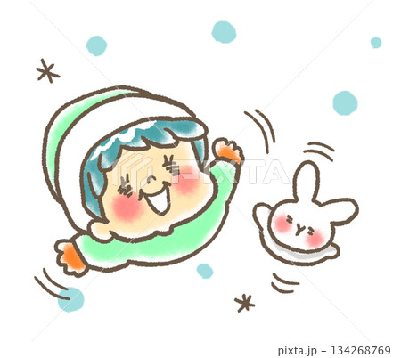 雪が降ってきて喜ぶ人とうさぎのイラスト 雪が降ってきて喜ぶ人とうさぎのイラスト 134268769