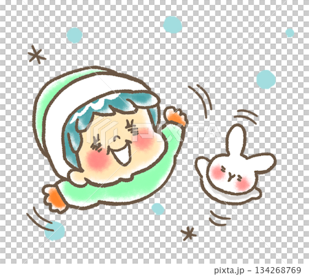 雪が降ってきて喜ぶ人とうさぎのイラスト 雪が降ってきて喜ぶ人とうさぎのイラスト 134268769