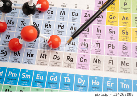 Molecules chemical on a periodic table background. 134268899