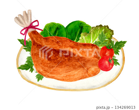 盛り付けたローストチキンの手描き水彩イラスト 134269013
