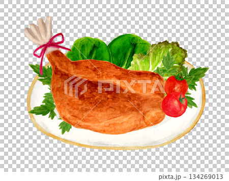 盛り付けたローストチキンの手描き水彩イラスト 134269013