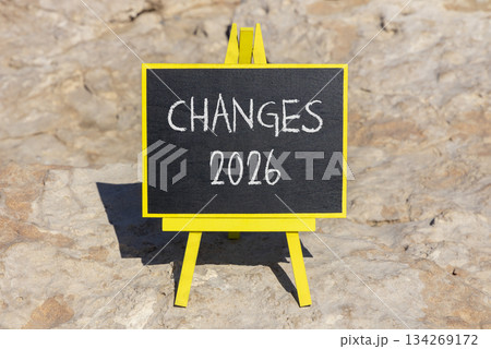 Changes 2026 symbol. Concept words Changes 2026 on beautiful black blackboard. Beautiful stone background. Business and changes 2026 concept. Copy space. 134269172