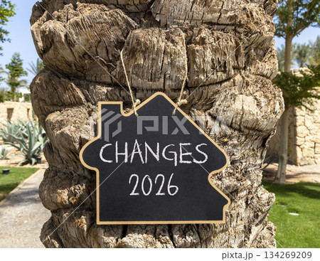 Changes 2026 symbol. Concept words Changes 2026 on beautiful black blackboard. Beautiful palm tree palm-tree background. Business and changes 2026 concept. Copy space. 134269209