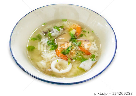 Top view of Shrimp and squid rice porridge, focus selective Top view of Shrimp and squid rice porridge, focus selective 134269258