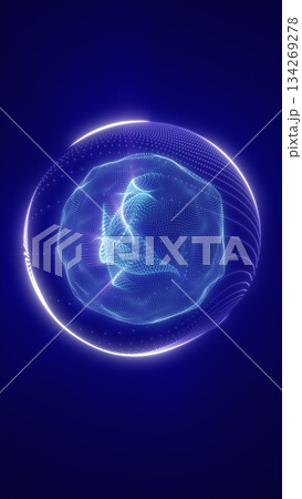 Futuristic glowing sphere surrounded by digital light particles on a deep blue background Futuristic glowing sphere surrounded by digital light particles on a deep blue background 134269278