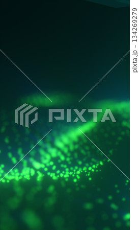 Flowing wave of glowing green digital particles on a dark background 134269279
