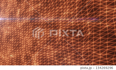Abstract orange neon mesh with glowing triangular wireframe grid and light reflections on dark surface 134269296