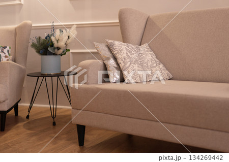 Sofa interior design luxury waiting room with pillows and modern floral arrangement 134269442