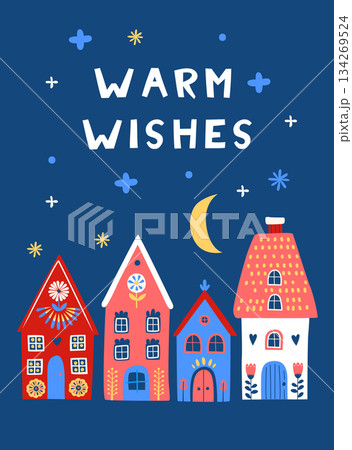 Scandi Christmas Village at Night, Cozy Happy Holidays Illustration Scandi Christmas Village at Night, Cozy Happy Holidays Illustration 134269524