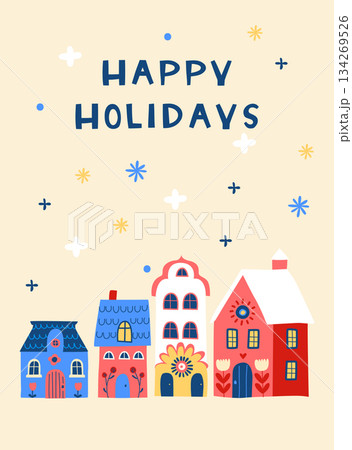 Scandi Christmas Village at Night, Cozy Happy Holidays Illustration Scandi Christmas Village at Night, Cozy Happy Holidays Illustration 134269526