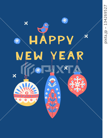 Happy New Year Folk Art Card, Scandinavian Winter Illustration with Ornaments and Bird 134269527