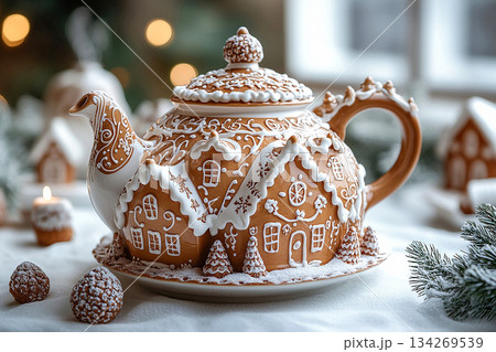 Food industry. Gingerbread house shaped ceramic teapot with lid on a white background. Christmas atmosphere. Food industry. Gingerbread house shaped ceramic teapot with lid on a white background. Christmas atmosphere. 134269539