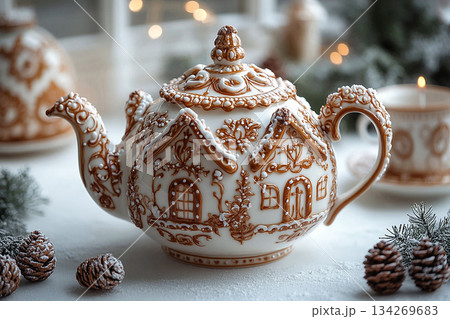 Restaurant decor. Ceramics art. Gingerbread house shaped ceramic teapot with lid on a white background. Christmas atmosphere. Restaurant decor. Ceramics art. Gingerbread house shaped ceramic teapot with lid on a white background. Christmas atmosphere. 134269683