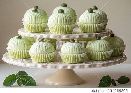 Various cakes in green tones on dessert stand with soft lighting. 134269803