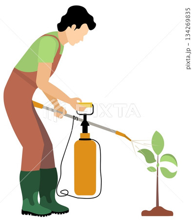People on a farm. A man sprays a small tree sprout. Agriculture, farm work. Vector, isolated 134269835