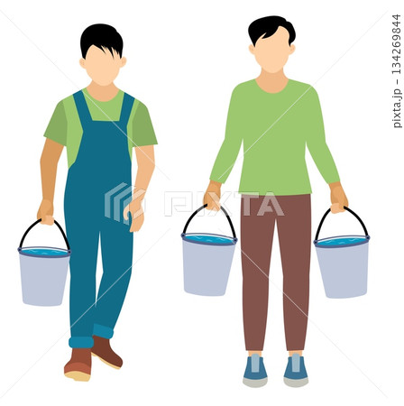 People on a farm. Men carry water in buckets. Agriculture, farm work. Vector, isolated People on a farm. Men carry water in buckets. Agriculture, farm work. Vector, isolated 134269844