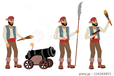 Pirates.  An elderly pirate stands in different poses. Pirate adventure. Isolated 134269951