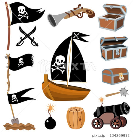 Pirate sticker set. Boat, flag, chest, cannon, barrel. Pirate adventure. Isolated. 134269952