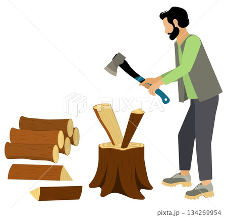 People on a farm. A man chops wood with an axe. Agriculture, farm work. Vector, isolated People on a farm. A man chops wood with an axe. Agriculture, farm work. Vector, isolated 134269954