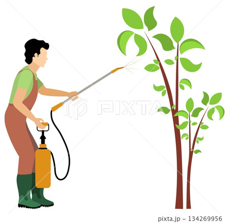 People on a farm. A man sprays a tree. Agriculture, farm work. Vector, isolated 134269956
