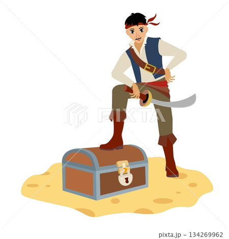 Pirates. A young pirate stands on an island with a chest. Pirate adventure. Isolated. Pirates. A young pirate stands on an island with a chest. Pirate adventure. Isolated. 134269962