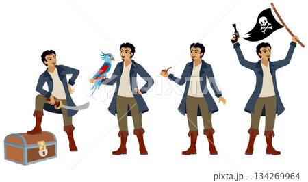 Pirates.  The corsair stands in different poses. Pirate adventure. Isolated. 134269964