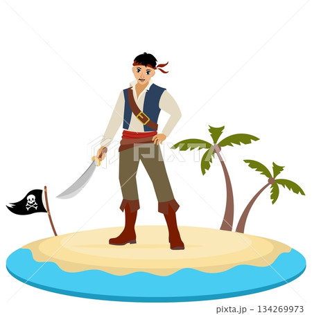Pirates. A corsair with a saber stands on the island. Pirate adventure. Isolated. Pirates. A corsair with a saber stands on the island. Pirate adventure. Isolated. 134269973