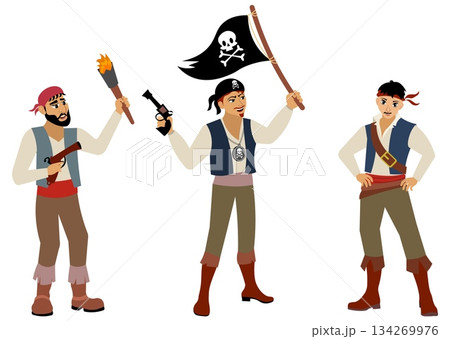 Pirates. A team of three pirates with pistols and a flag. Pirate adventure. Isolated. Pirates. A team of three pirates with pistols and a flag. Pirate adventure. Isolated. 134269976