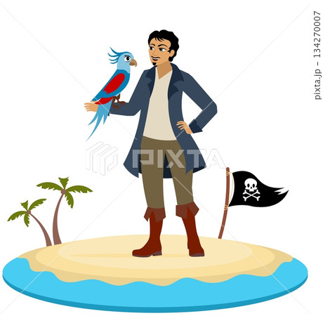 Pirates. A pirate and his parrot on an island. Pirate adventure. Isolated. Pirates. A pirate and his parrot on an island. Pirate adventure. Isolated. 134270007