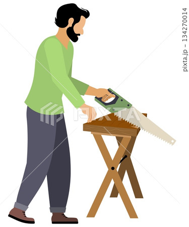 People on a farm. A man is sawing a board. Agriculture, farm work. Vector, isolated 134270014