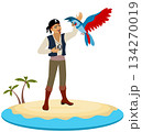 Pirates.  Corsair and a big parrot on the island. Pirate adventure. Isolated. 134270019