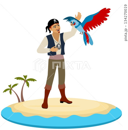 Pirates. Corsair and a big parrot on the island. Pirate adventure. Isolated. Pirates. Corsair and a big parrot on the island. Pirate adventure. Isolated. 134270019