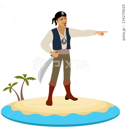 Pirates. A corsair with a saber on an island. Pirate adventure. Isolated. Pirates. A corsair with a saber on an island. Pirate adventure. Isolated. 134270020