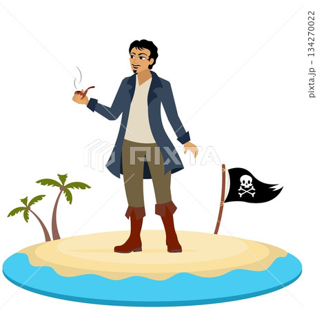 Pirates. A pirate smokes a pipe on an island. Pirate adventure. Isolated. Pirates. A pirate smokes a pipe on an island. Pirate adventure. Isolated. 134270022